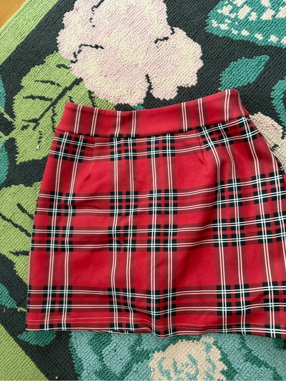 Red Plaid Mini Skirt with Gold Button Detail